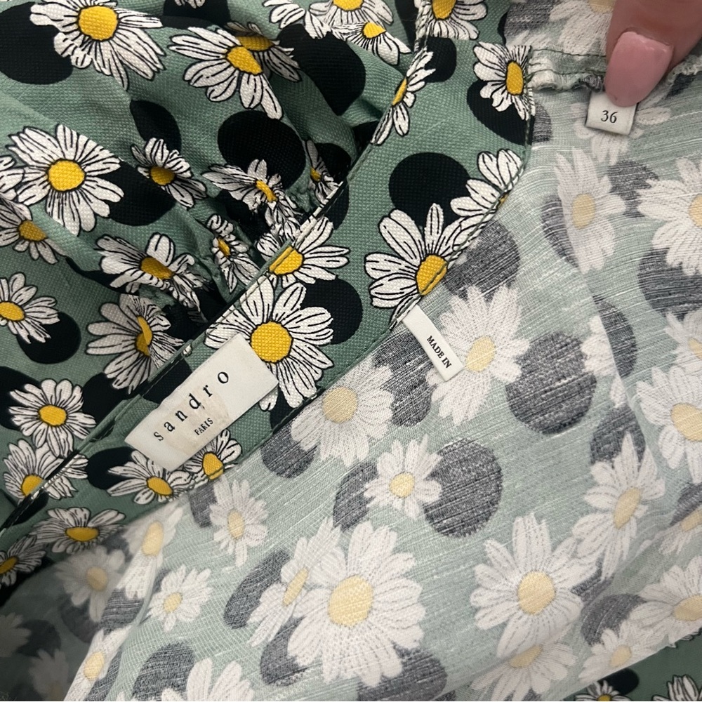 Sandro Angele Floral Print Polka Dot Linen Mini Dress Sage Green - Picture 9 of 13